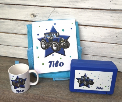 Kombi Traktor mit Rucksack, Tasse & Brotdose mit Wunschnamen